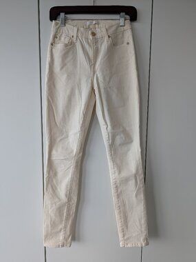7 For All Mankind Cream Ivory Sateen Skinny Jeans Gold Hardware Size 24